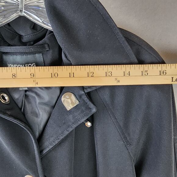 London Fog Black Hooded Trenchcoat w/Silver Clasp Closures Medium - Picture 4 of 9